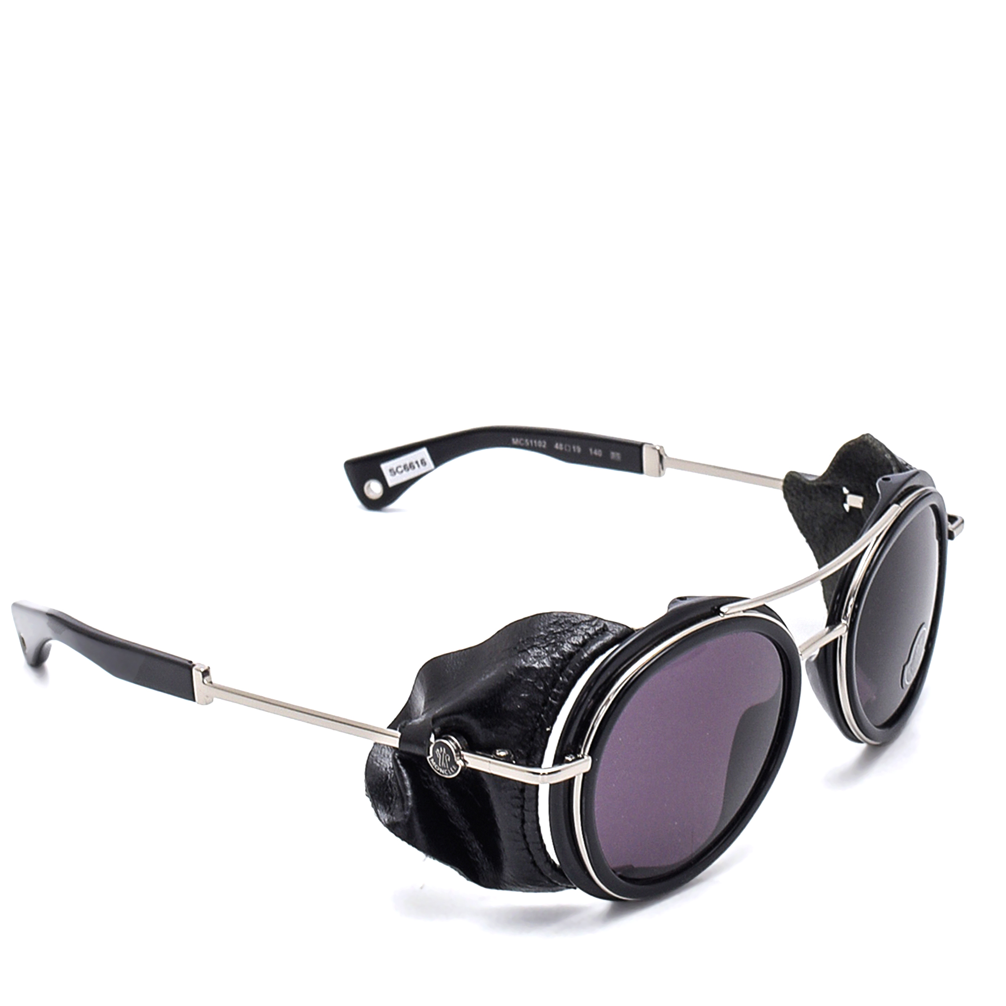 Moncler - Black Leather & Silver Metal Round Sunglasses